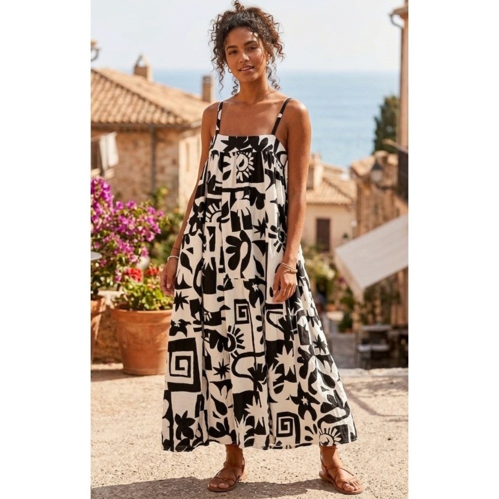 Abel the Label Black White Abstract Print Tiered Maxi Dress Pockets Womens L
